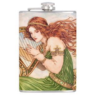 Irish Goddess Playing Harp – Celtic Art Nouveau  Hip Flask