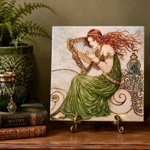 Irish Goddess Playing Harp – Celtic Art Nouveau Tile