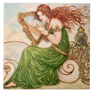 Irish Goddess Playing Harp – Celtic Art Nouveau  Tile