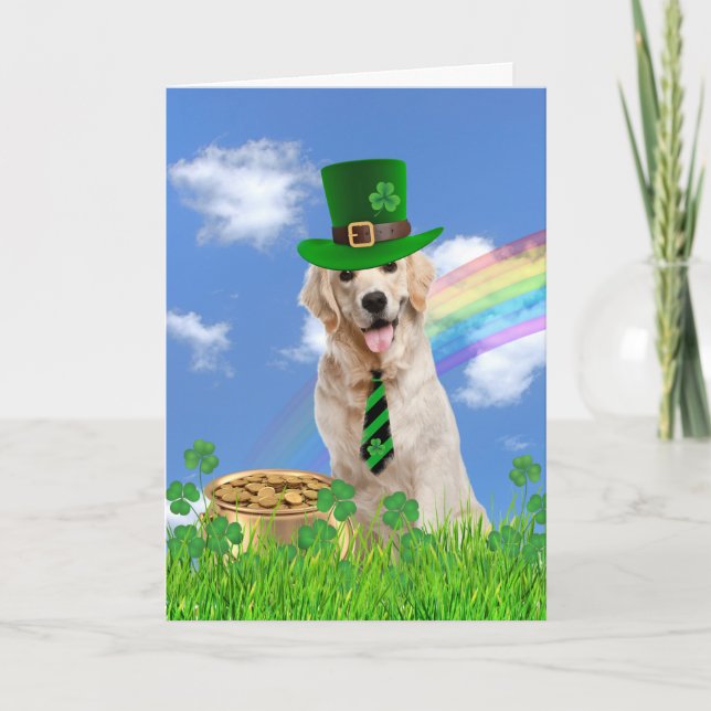 Irish Golden Retriever With Pot of Gold Holiday Card (Front)