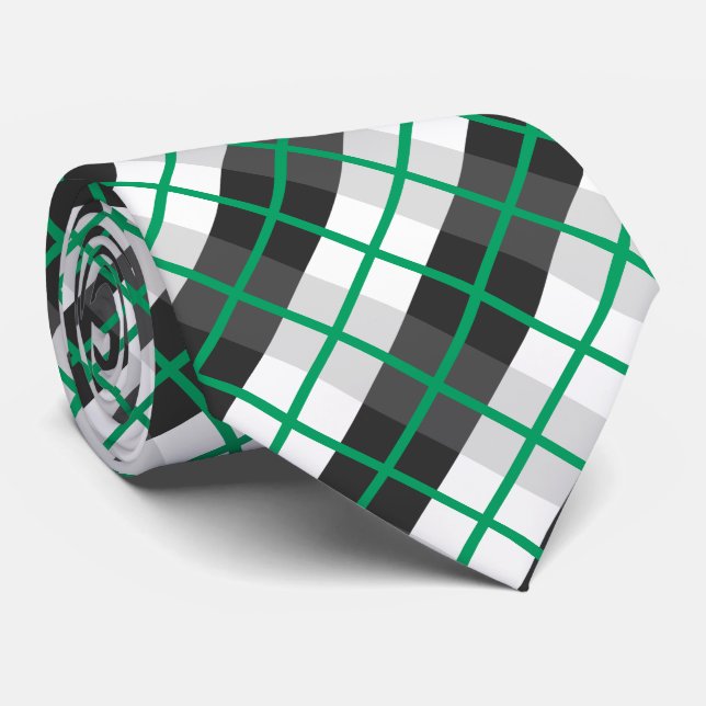 Irish Green and Black and White Plaid Pattern Tie (Rolled)