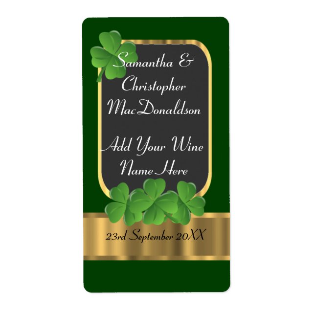 Irish green and gold wedding wine bottle (Front)