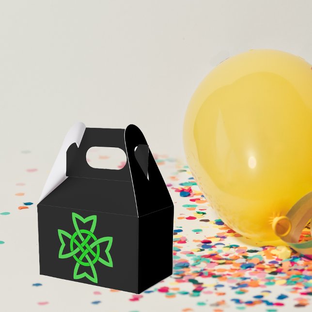 Irish Green Celtic Knot Favour Box (Bright green Irish Celtic knot abstract design on black party favor gift box.)