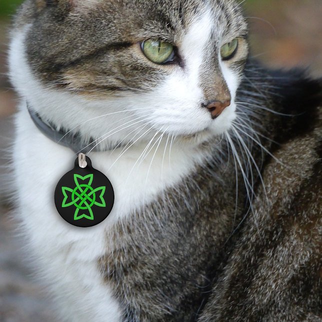 Irish Green Celtic Knot Pet Tag (Bright green Irish Celtic looped knot design on black pet name tag.)