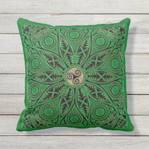Irish Green Celtic Mandala Triskele Outdoor Pillow