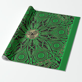 irish Green Celtic Triskele Mandala Wrapping Paper