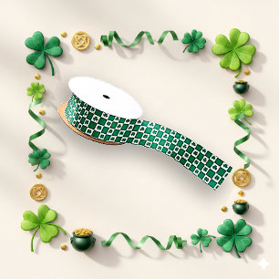 Irish Green Chequered Shamrock Pattern Design Satin Ribbon