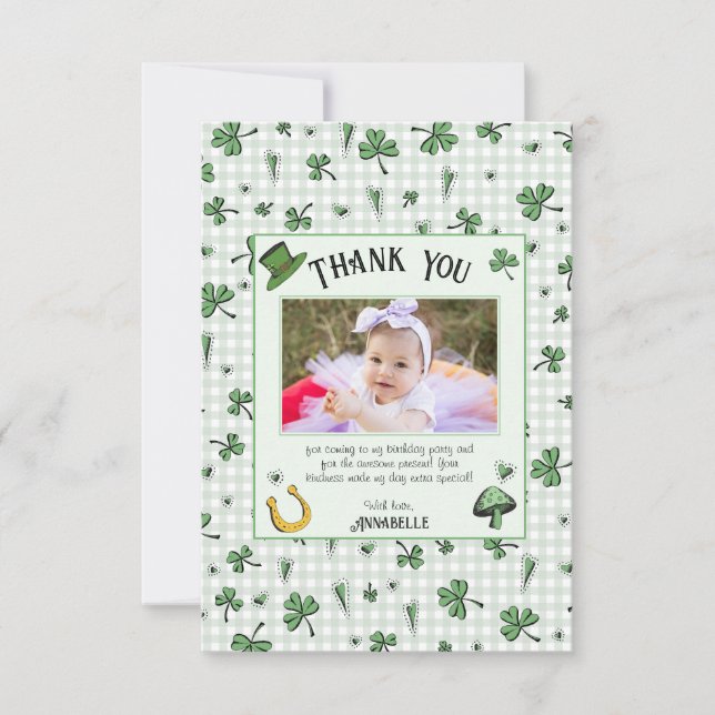 Irish Green Clovers and Hearts Kids Birthday Thank You Card (Front)