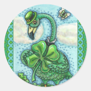 IRISH GREEN FLAMINGO, CUTE HAPPY ST. PATRICK'S DAY CLASSIC ROUND STICKER