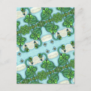 IRISH GREEN FLAMINGO, CUTE HAPPY ST. PATRICK'S DAY HOLIDAY POSTCARD