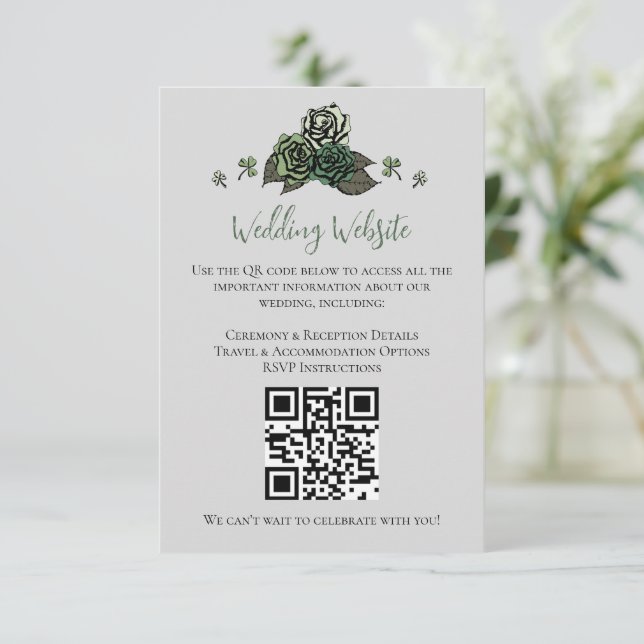 Irish Green Floral Skulls Wedding Website QR Code Enclosure Card (Standing Front)