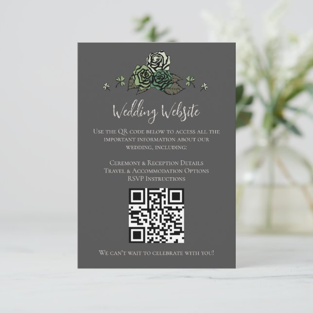 Irish Green Floral Skulls Wedding Website QR Code Enclosure Card (Standing Front)