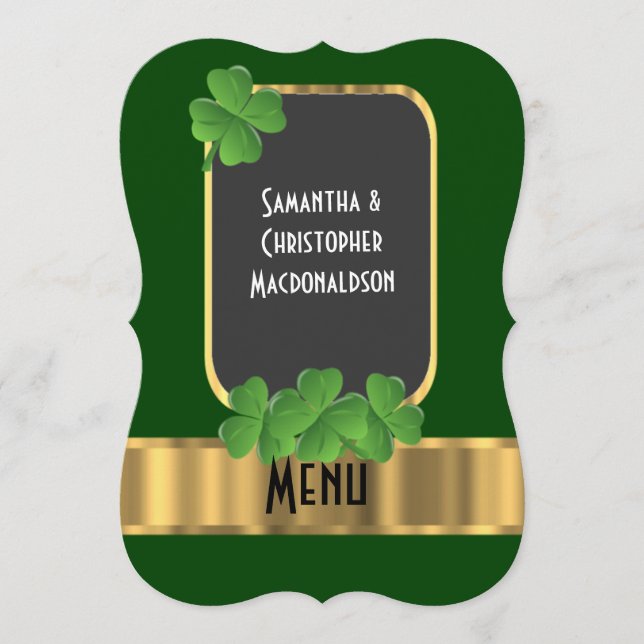 Irish green, gold and shamrock wedding menu (Front)