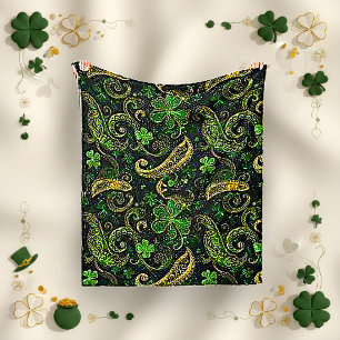 Irish Green Gold Paisley Shamrock Pattern Fleece Blanket