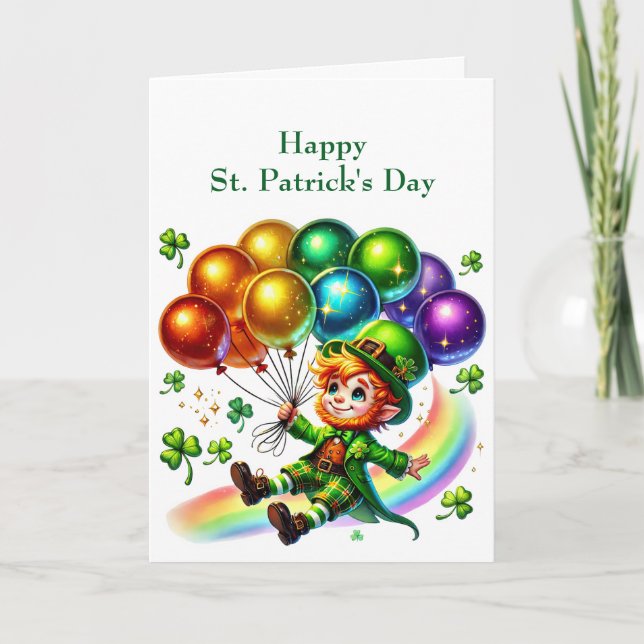 Irish Green Leprechaun Balloons Illustration Holiday Card (Front)