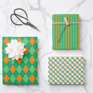 Irish Green & Orange St. Patrick's Day Patterns Wrapping Paper Sheet