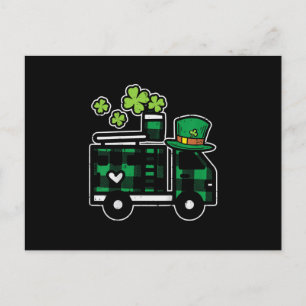 Irish Green Plaid Firefighter Truck St Patrick's Holiday Postcard