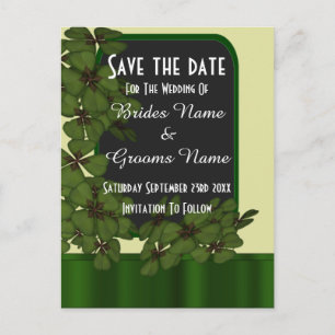 Irish green shamrock  save the date announcement postcard