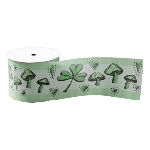 Irish Green Shamrocks Hearts and Mushrooms 3" Gros Grosgrain Ribbon
