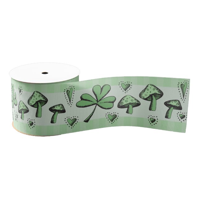 Irish Green Shamrocks Hearts and Mushrooms 3" Gros Grosgrain Ribbon (Spool)