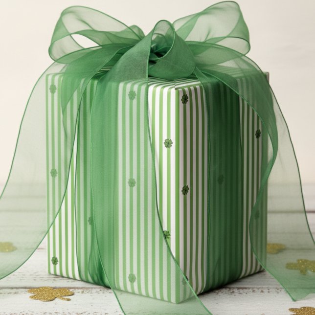Irish Green White Stripes Pattern Wrapping Paper (Elegant St Patrick's Day Pinstripe Wrapping Paper. Green White Thin Striped Pattern, Lucky Shamrock)