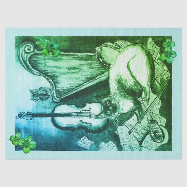 Irish Harp and St.Patrick's Day Cat Making Music Tissue Paper (Front)