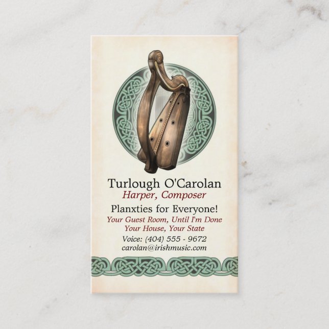 Irish Harp Business Cards, Style 1, Vertical Card (Front)