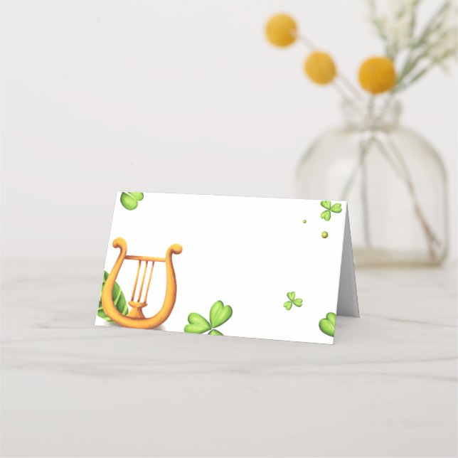 Irish Harp Green Clovers  Place Card (Front)