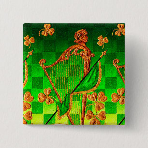 IRISH HARP, GREEN GOLD SHAMROCKS St Patrick's Day 15 Cm Square Badge