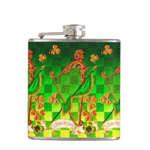 IRISH HARP, GREEN GOLD SHAMROCKS St Patrick's Day Hip Flask
