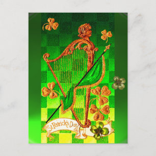 IRISH HARP, GREEN GOLD SHAMROCKS St Patrick's Day Postcard