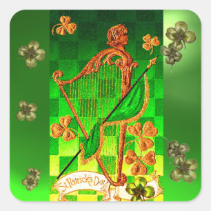 IRISH HARP, GREEN GOLD SHAMROCKS St Patrick's Day Square Sticker