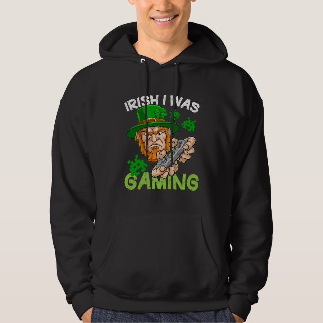 Irish I Was Gaming St Patricks Day Gamer Boys Men Hoodie (Front)