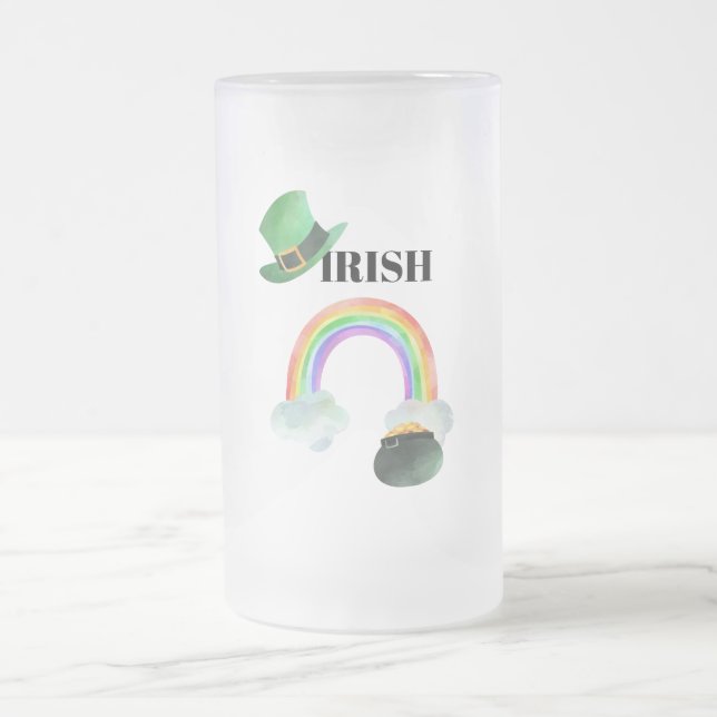 *~* IRISH IRELAND Patriot Rainbow Pot of Gold Frosted Glass Beer Mug (Center)