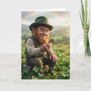 Irish Leprechaun Admiring a Gold Coin Card