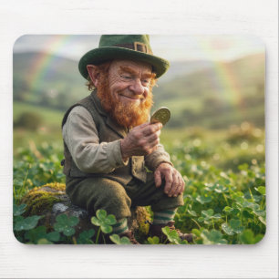 Irish Leprechaun Admiring a Gold Coin Mouse Pad