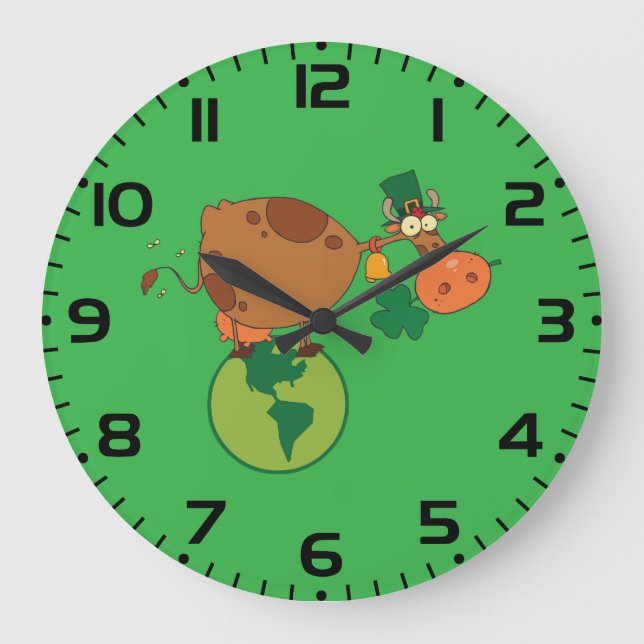 Irish Leprechaun Cow Standing on Planet Earth Large Clock (Front)