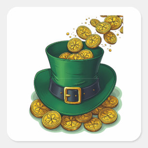 Irish Leprechaun Hat and Gold Coins Square Sticker