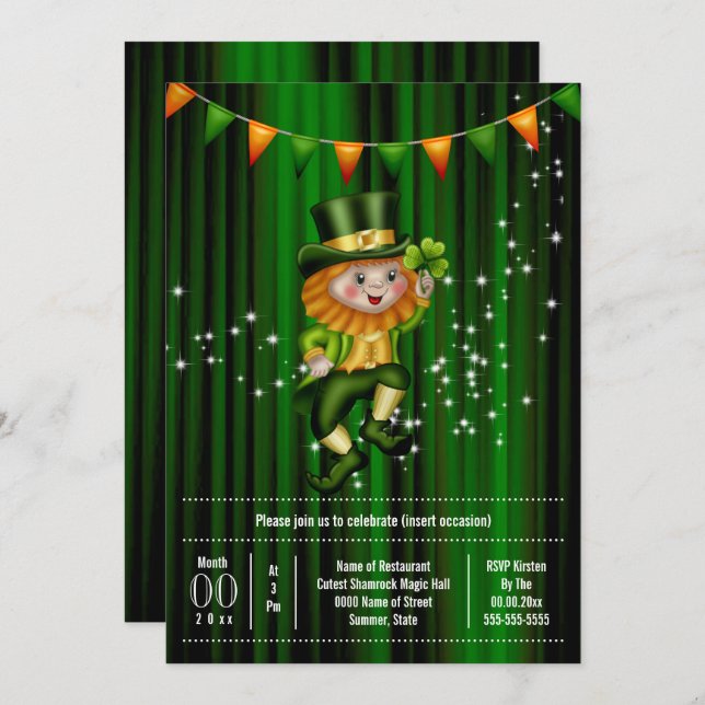 Irish leprechaun jig shamrock bunting holiday invitation (Front/Back)
