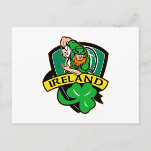 Irish leprechaun rugby player shamrock ireland postcard