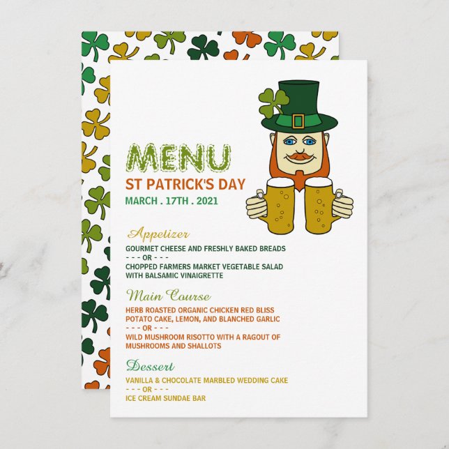 Irish Leprechaun, St Patrick's Day Menu Card (Front/Back)