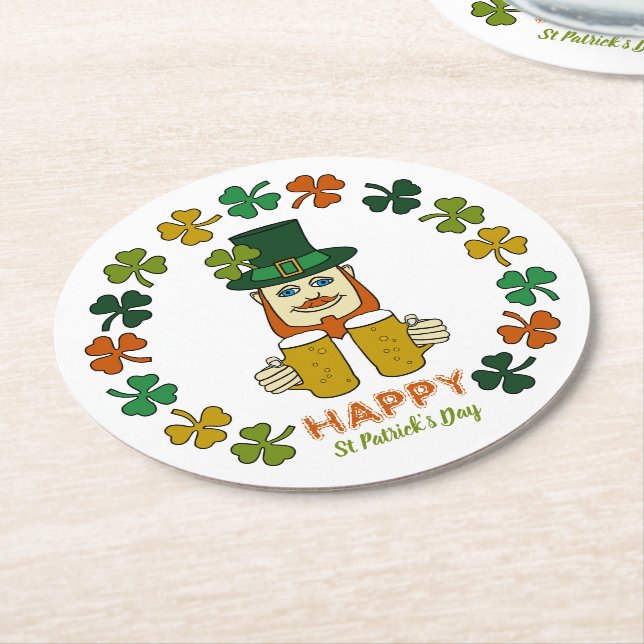Irish Leprechaun, St Patrick's Day Round Paper Coaster (Angled)
