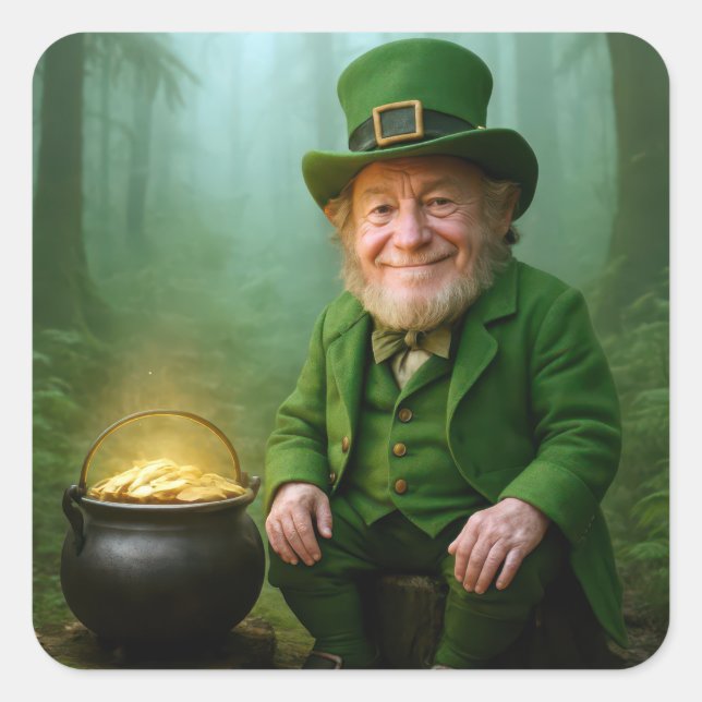 Irish Leprechaun with a Pot of Gold Square Sticker (Front)