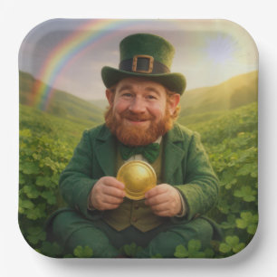 Irish Leprechaun With Gold Coin and Rainbow Paper Plate
