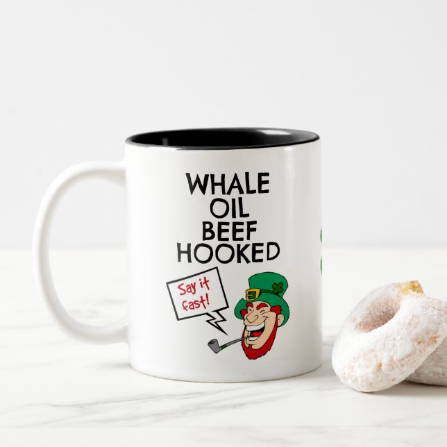Irish Lesson: Whale Oil Beef Hooked Leprechaun Two-Tone Coffee Mug (With Donut)