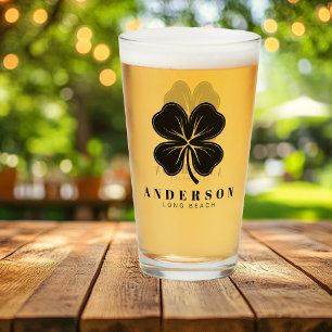 Irish Lucky Four Black Leaf Clover with Name Pint Glass