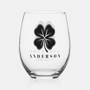 Irish Lucky Four Black Leaf Clover with Name Pint Stemless Wine Glass