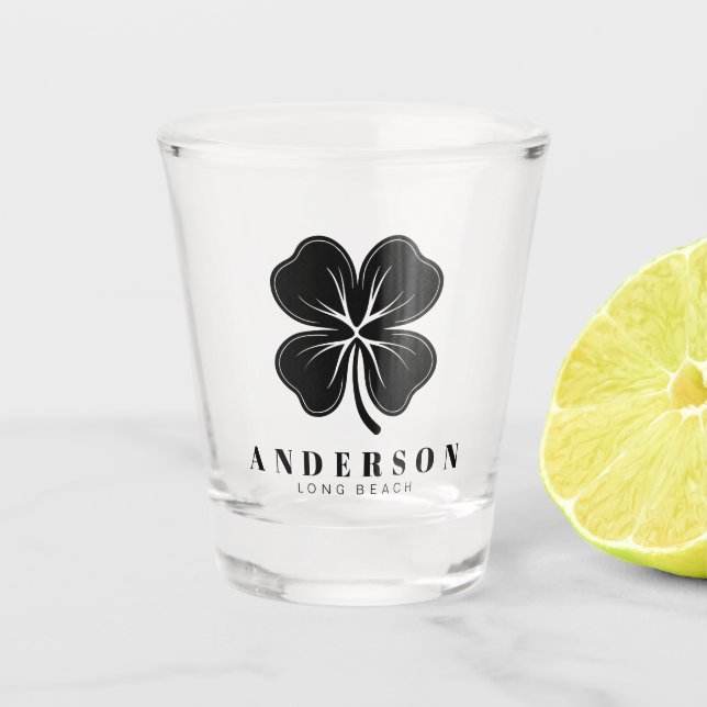 Irish Lucky Four Black Leaf Clover with Name Shot Glass (Front)