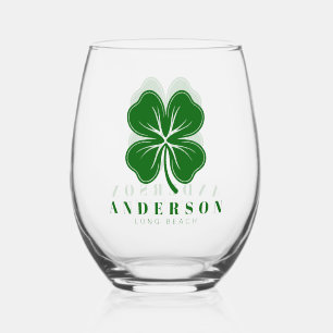 Irish Lucky Four Green Leaf Clover with Name Pint Stemless Wine Glass