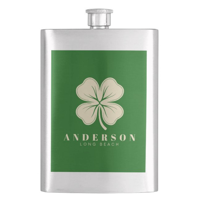 Irish Lucky Four Leaf Clover | Name Green Classic Hip Flask (Front)